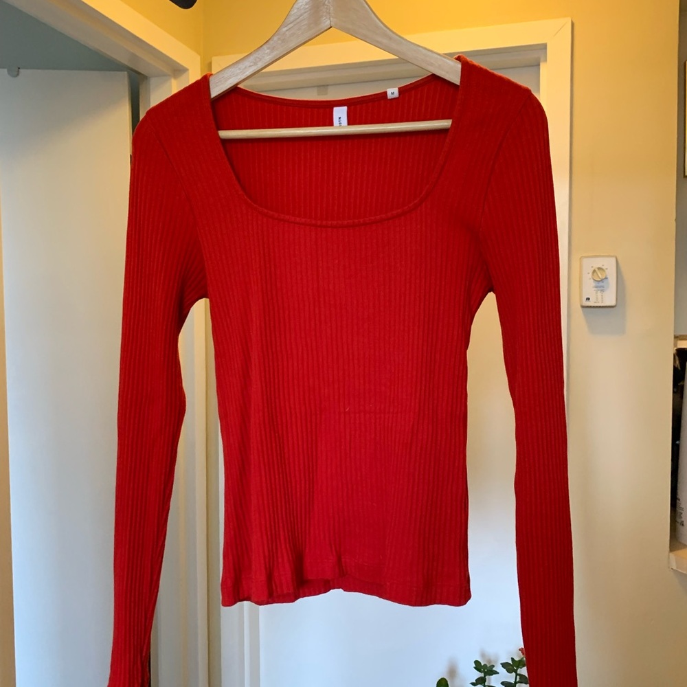Kotn Square Neck Red Ribbed Long Sleeve Top